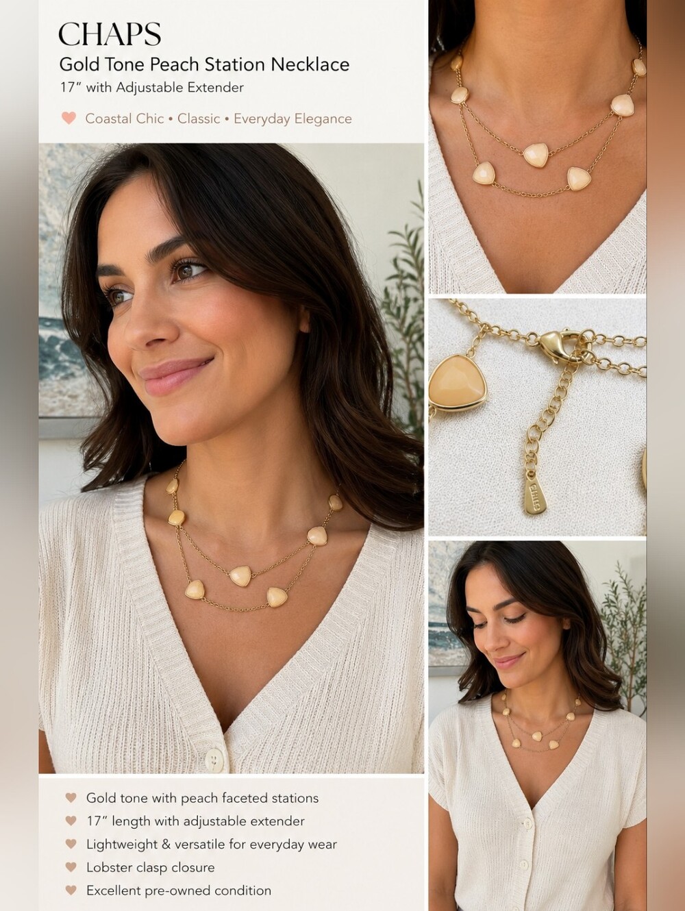 Chaps Gold Tone Peach Faceted Station Necklace 17" Adjustable